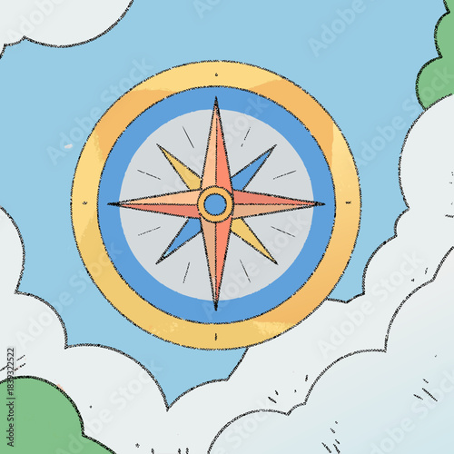 A stylized compass points towards a distant star in a cloudy sky