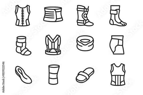 Orthopedic Wearables Icons. Orthopedic Wearable Set linear set: spine support brace, lumbar wrap, knee orthotic, wrist guard, ankle cuff, posture harness, neck support ring, hip