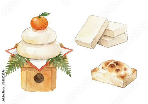 Watercolor-style mochi illustration／鏡餅・切り餅