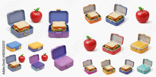 Collection of colorful lunchboxes with sandwiches and red apples, perfect for school or work meals.
