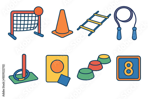 Vibrant Outdoor Play Icons. Active Outdoor Play Gear flat set: kickball net, obstacle cone, agility ladder, jump rope, ring toss peg, beanbag target, stepping logs, outdoor