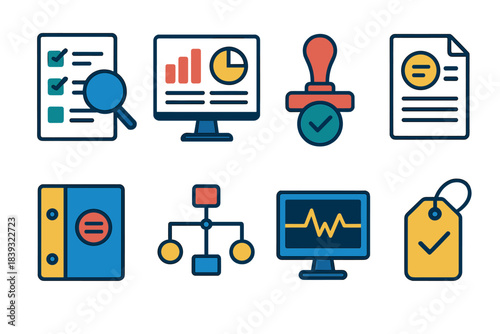 Compliance Tools Icons. Operational compliance standards tools flat set: inspection form, reporting dashboard, verification stamp, data log, regulation binder, workflow chart,