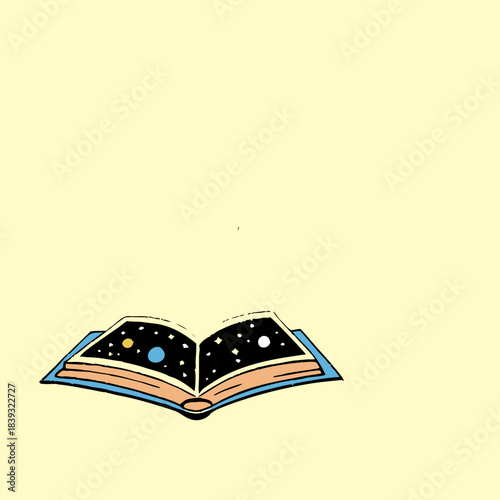An open book displays the universe and stars