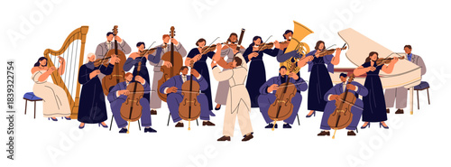 Musical orchestra on stage. Symphony concert. Musicians with instrument: violin, harp, piano. Philharmonic performers with conductor play classical music. Flat isolated vector illustration on white.
