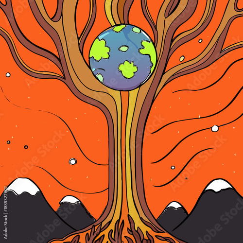 Cosmic tree embracing planet earth with mountain landscape