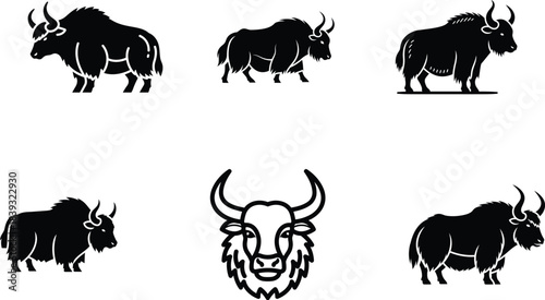 A diverse collection of powerful yak and bisonlike animals is presented in striking black silhouette