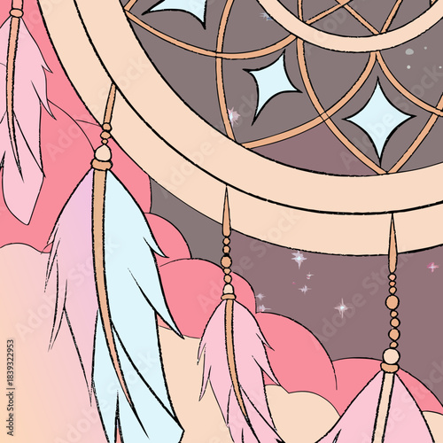 Dreamcatcher with soft feathers hanging against a cosmic starry sky