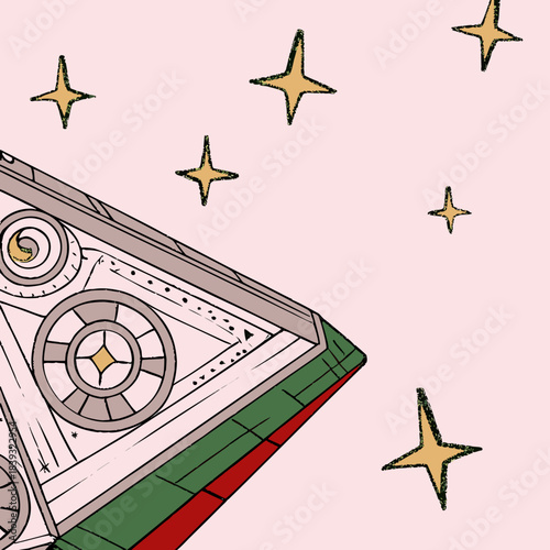 Geometric spaceship blueprint against a star background