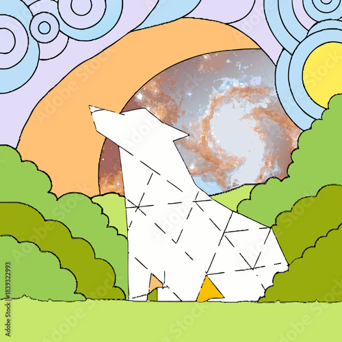 Geometric wolf silhouette gazes at cosmic sky