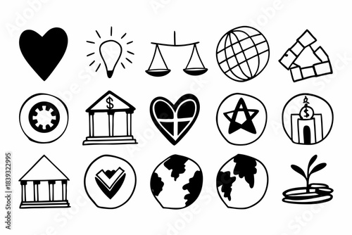 Hand drawn ethical investing icons on white background