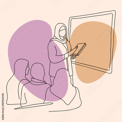 Muslim teacher instructing students in a classroom illustration