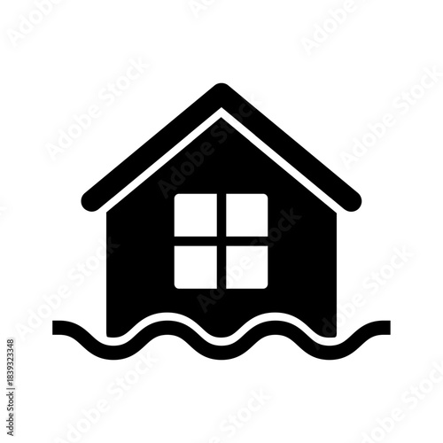 Flooded house glyph icon. Natural disaster, environment, damage, danger concepts. Flat vector design isolated illustration.