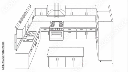 High-quality black line art of a modern L-shaped kitchen floor plan with cabinets, stove, sink, and island, interior layout design concept