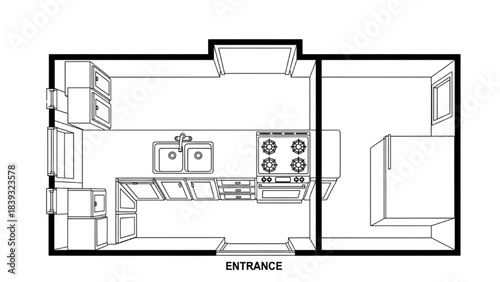 High-quality black line art of a galley kitchen floor plan with parallel countertops, sink on one side, stove on the other, modern interior layout design