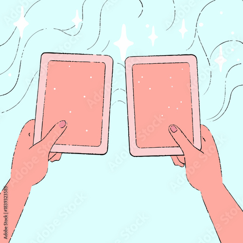 Two hands holding pink tarot cards with magical sparkles