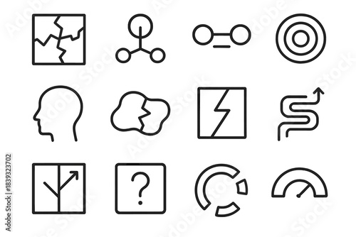 Abstract Mind Patterns. Divergent Mind Patterns linear set: fragmented idea tile, cognitive split node, thought-gap bar, perspective ring, mental strain dot, belief divergence