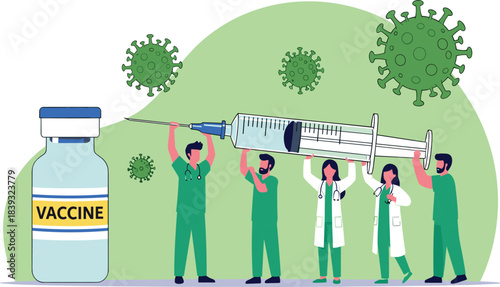 Medical team of doctors and nurses holding a giant syringe for mass vaccination, symbolizing hope, science, and the fight against the virus.