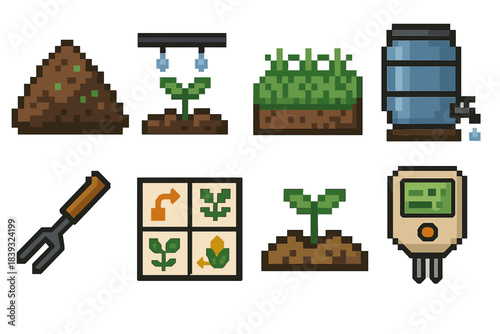 Sustainable Farming Icons. Sustainable Agriculture Tools set of icons in flat pixel vector style: compost pile, drip irrigation, cover crop patch, rain barrel, hand weeder, crop