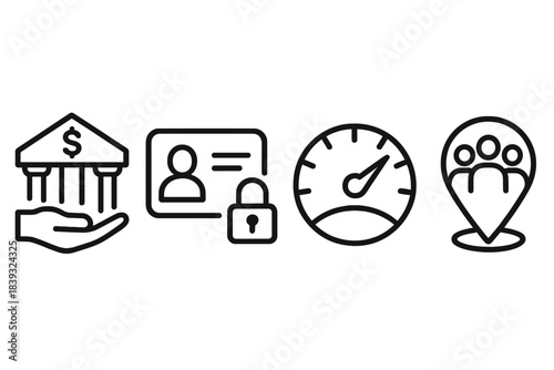 Inclusive Banking Icons. Inclusive Banking Systems linear set: access-first account slab, fair-lending gauge, service-equity marker.