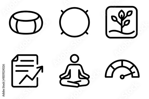 Wellbeing Icon Array. Grounded Wellbeing Practices linear set: meditation cushion icon, mindful breath ring, nature connection tile, reflective journaling arrow, balanced posture
