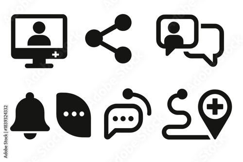 Brutalist Care Icons. Connected care models silhouette set: telehealth panel, link node, metrics gauge bar, consult icon, reminder tile, messaging arc, monitoring pathway, result