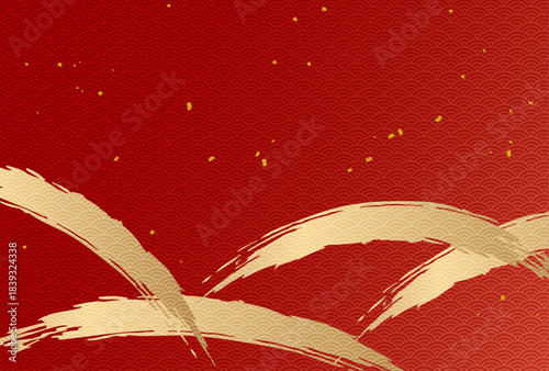 赤色の背景に金色の筆致と金粉が舞い、青海波模様が上品に透ける華やかな和風祝いデザイン背景｜赤,金,筆致,青海波,祝い