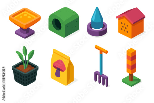 3D Isometric Habitat Icons. Species support components flat isometric set: nectar platform, burrow module, aquatic plant basket, refuge box, fungal spore pack, soil aeration tool,