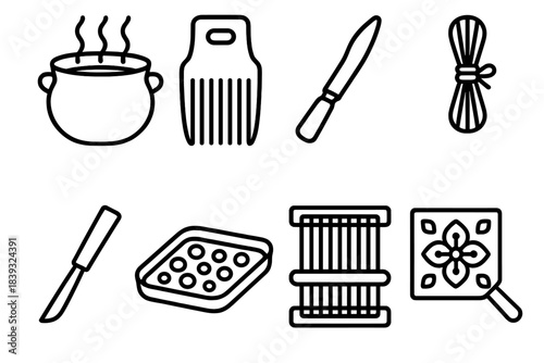 Craft Tools Icons. Heritage Craft Workshop Set linear set: dye pot, wooden comb for weaving, clay modeling stick, fiber bundle, carving chisel, bead tray, loom board, pattern stamp