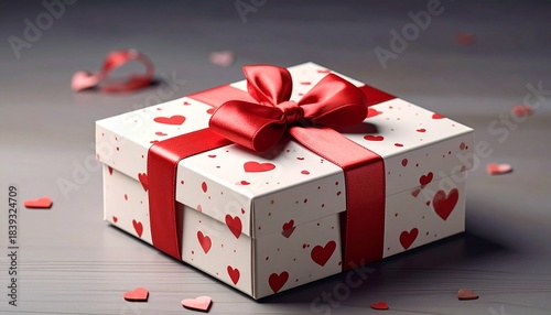 Heart Patterned Gift Box with Pink Ribbon on Marble Surface in Romantic Soft Lighting