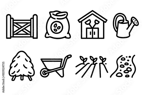 Farm Life Icons. Agrarian Daily Life linear set: farm gate, seed sack, tool shed, watering can, hay stack, wheelbarrow, crop row, gravel path.