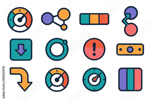 Process Stability Icons. Process Stability Systems flat set: risk-control dial, redundancy pair node, buffer capacity bar, fault-response path, adaptation cue tile, stability