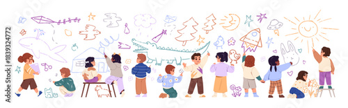 Group of cute kids is painting scribbles on wall back view. Happy children are drawing with chalks and crayons doodles, animals, sketches. Flat isolated vector illustration on white background.