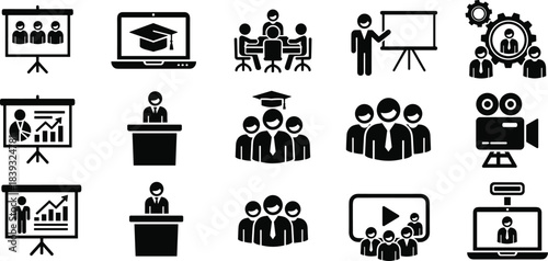 Set of business and education training icons featuring presentation meeting seminar webinar and online learning symbols for corporate development design