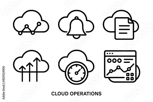 Cloud Monitoring Icons. Cloud Operations Set linear set: monitoring graph, alert bell, log file, scaling arrows, performance gauge, metrics dashboard.