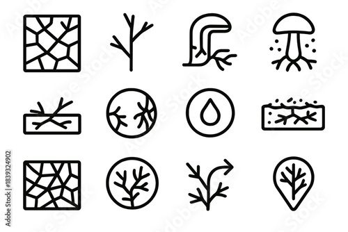 Fungal Connectivity Icons. Mycelial Connectivity Systems linear set: hyphal lattice tile, branching tip node, nutrient flow channel, spore-release puff, substrate colonization slab