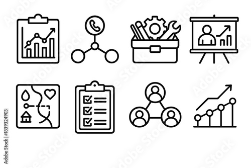 Community Resilience Icons. Community Resilience Planning linear set: risk assessment chart, emergency contact node, resilience toolkit box, capacity-building workshop board,