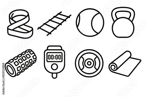 Fitness Tool Icons. Training Essentials Set linear set: resistance band, agility ladder, medicine ball, kettlebell, foam roller, performance timer, weight plate, workout mat. [.