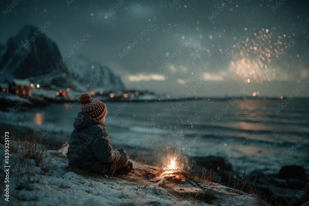 Obraz premium Young child sits by a cozy fire on a winter beach at dusk