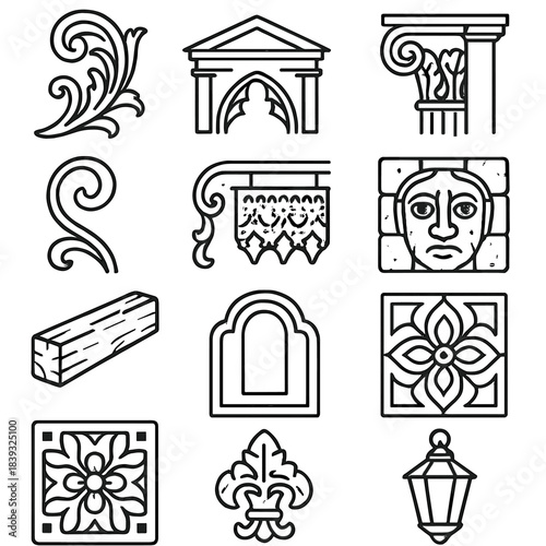 Historic Architectural Icons. Historic Style Set linear set: baroque scrollwork, classical pediment, gothic window arch, renaissance column detail, art nouveau curve, victorian