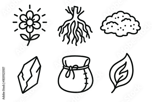 Enchanted Icons Collection. Enchanted Gathering Set linear set: luminous flower, root bundle, moss patch, shard fragment, forager pouch, essence leaf.