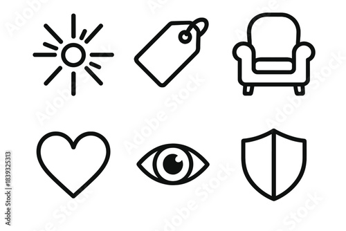 Consumer Emotion Icons. Consumer emotion drivers linear set: excitement burst, value tag, comfort seat, loyalty heart, curiosity eye, confidence shield.