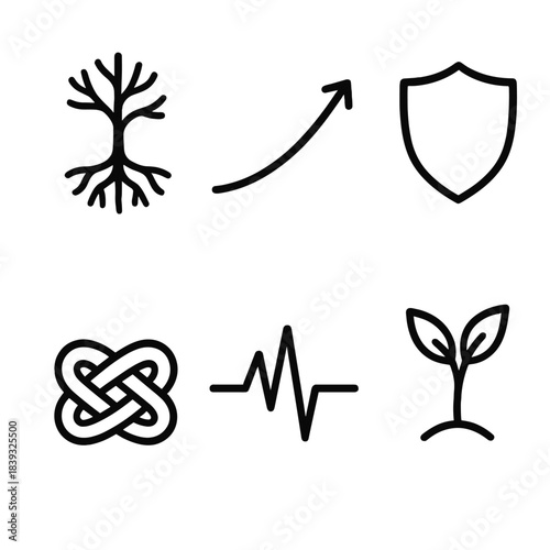 Icons of Resilience. Resilience linear set: sturdy root, rising curve, strength knot, protective shield, steady heartbeat line, renewal sprig.