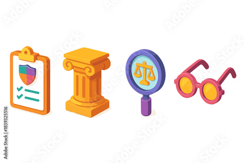 Moral Governance Icons. Values-Driven Governance flat isometric set: moral guideline chart, duty pillar, fairness lens.