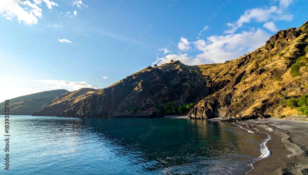 Obraz premium Scenic view of an island with dry, grassy slopes meeting a serene, dark blue ocean under a bright, clear sky