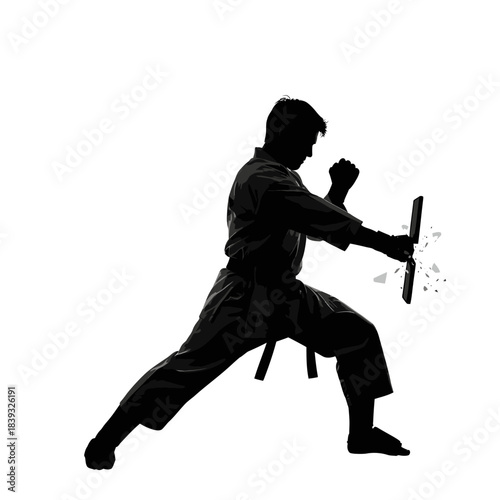 Powerful karate master shattering board with dynamic punch, symbolizing strength, discipline, and focus for martial arts and fitness promotions