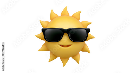 Smiling sun emoji with sunglasses, cheerful and cool, isolated on transparent background, representing summer, happiness, and sunny weather, perfect for fun and positive designs