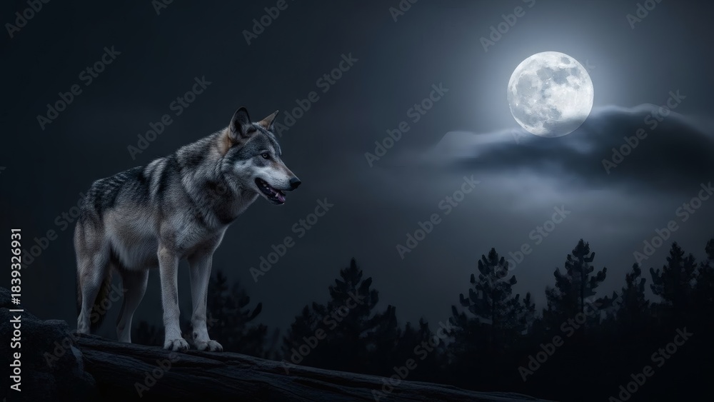 Naklejka premium Majestic grey wolf standing on a rock at night under a bright full moon and cloudy sky, symbolizing wilderness and the beauty of nature.