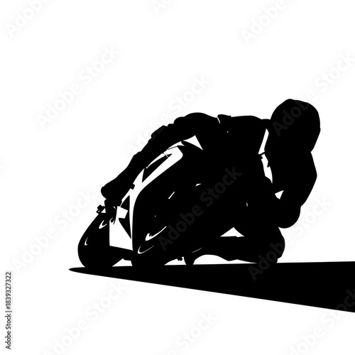 Dynamic silhouette of a speeding motorcycle racer leaning into a curve, capturing the thrill of motorsport competition and high-speed action for adrenaline seekers