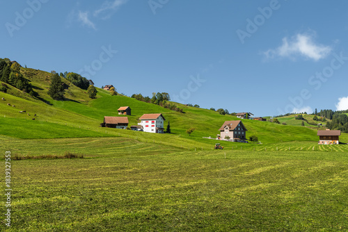 Swiss countryside with farmhouses, surrounded by green hills in the canton of Schwyz, Switzerland.
