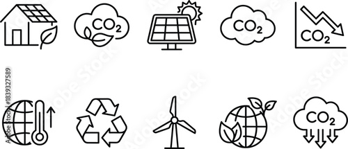 Title: Ecology and Environment Icon Set Vector: Climate Change, Global Warming, Renewable Energy, CO2 Reduction, and Sustainable Development Line Graphic Elements